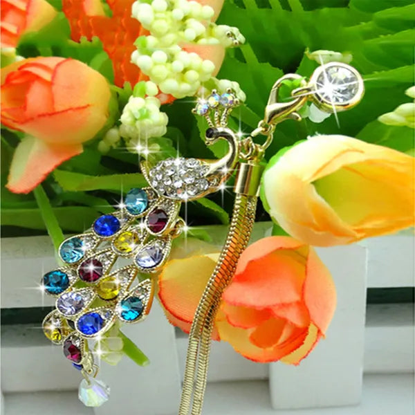 Pendentif de bouchon de poussière de paon en cristal coloré pour téléphone portable 3.5mm Jack