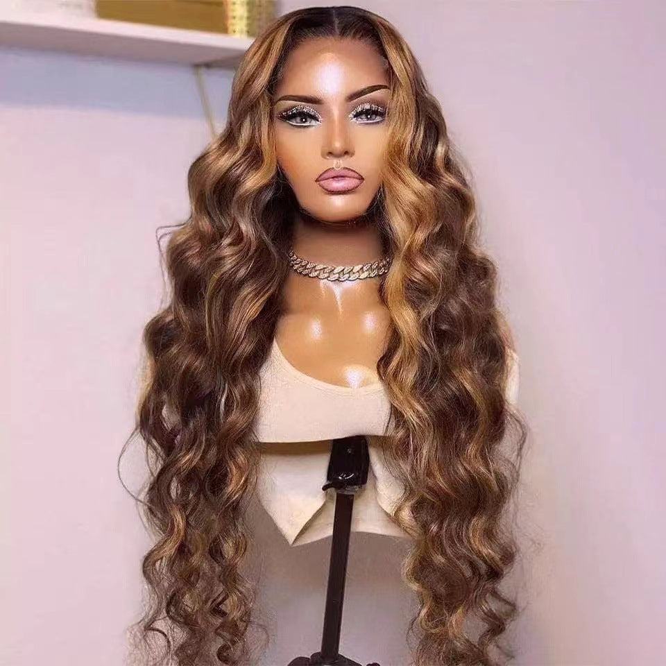 Femmes synthétique Piano-coloré avec Brown Highlights Long Wavy cheveux Gradient Style
