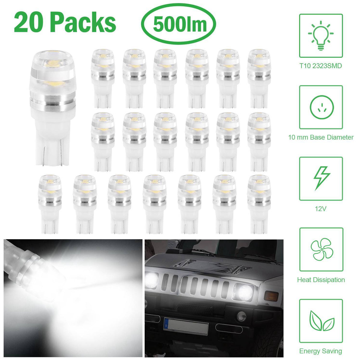20Pcs par kit LED Ampoules de voiture 500lm T10 2323SMD 6500K de remplacement de lampes auto blanches pour