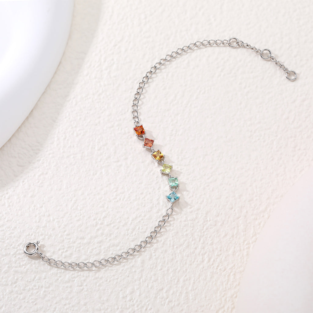 S925 Argent Sterling Rainbow Lab-Grown Bracelet de pierres précieuses 16cm carré coupe platine plaqué G