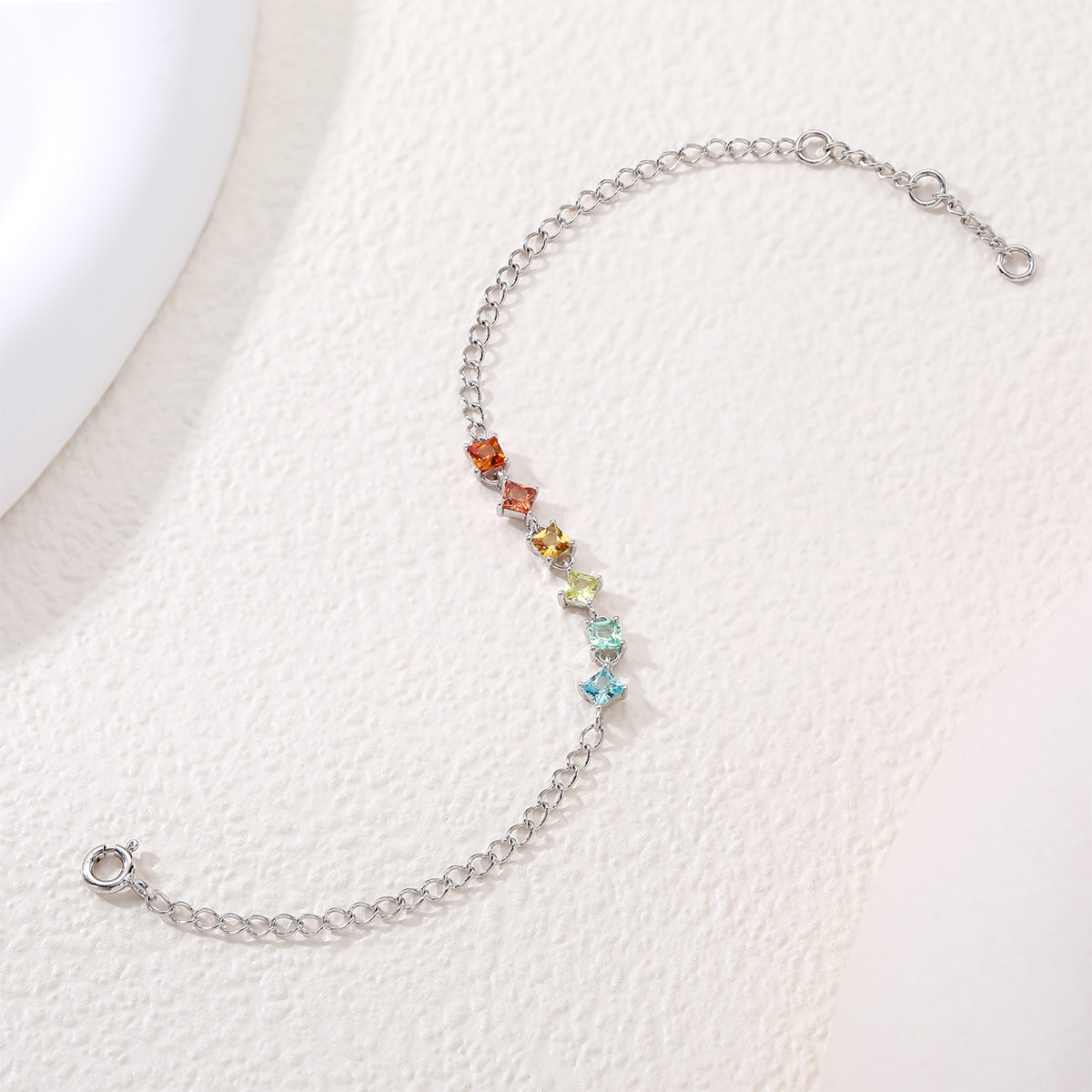 S925 Argent Sterling Rainbow Lab-Grown Bracelet de pierres précieuses 16cm carré coupe platine plaqué G