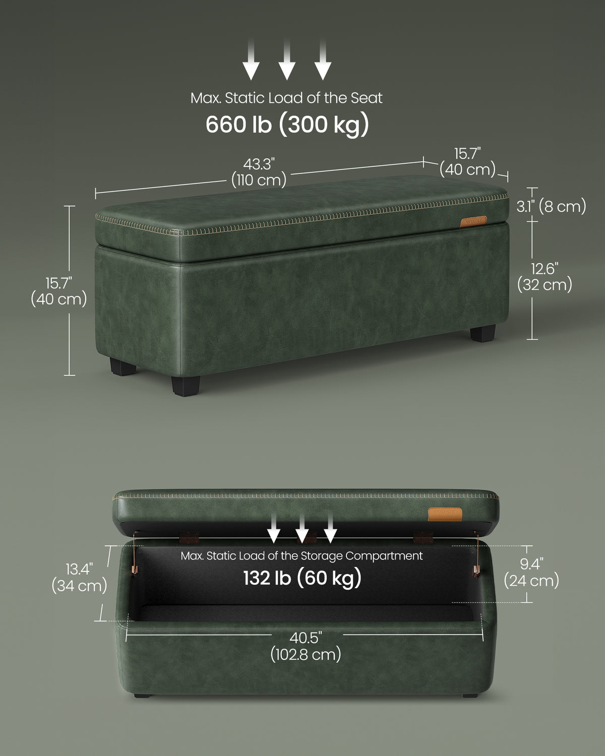 VASAGLE Entreposage Banc Ottoman avec couture