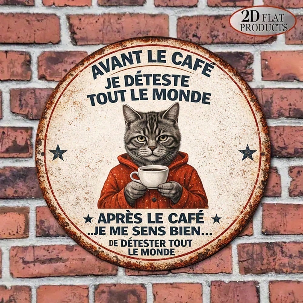 8x8in Vintage French Lover Cat Round Metal Sign Cafe Wall Decor