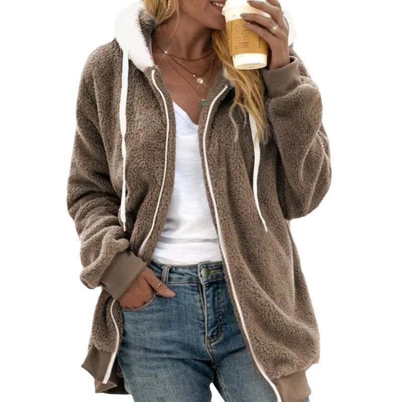Amazon Vente Automne et Hiver Étui en peluche Zipper Veste à capuche pour femmes