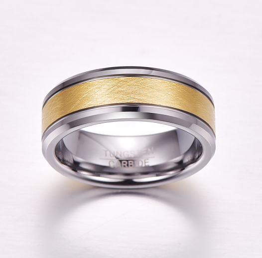 Hommes 8mm Or Couleur Brossé Centre Deux Grooves Tungsten carbure de mariage bagues de bande de mariage Bevele