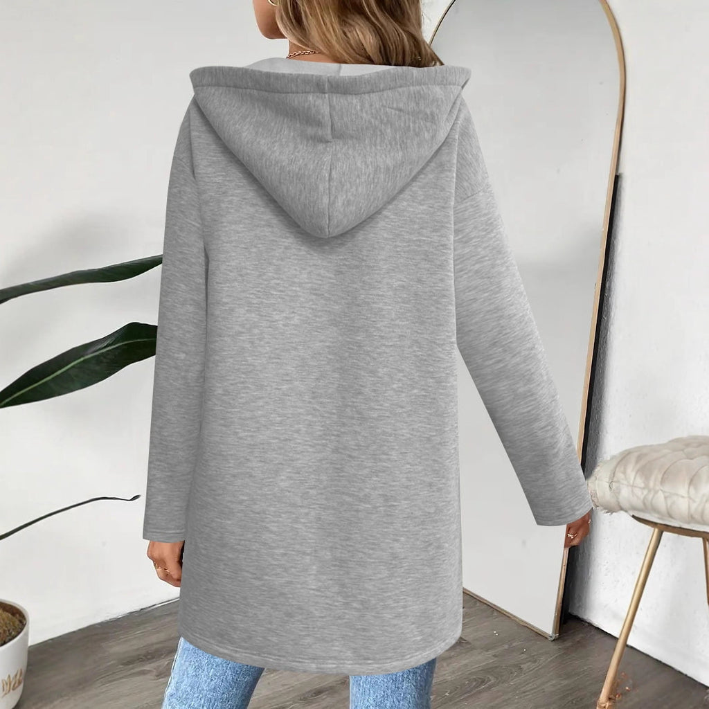 Femmes Long à capuche Cardigan ouvert devant Long Sleeve Casual Jacket Zip Pocket Loose Mid Lengt