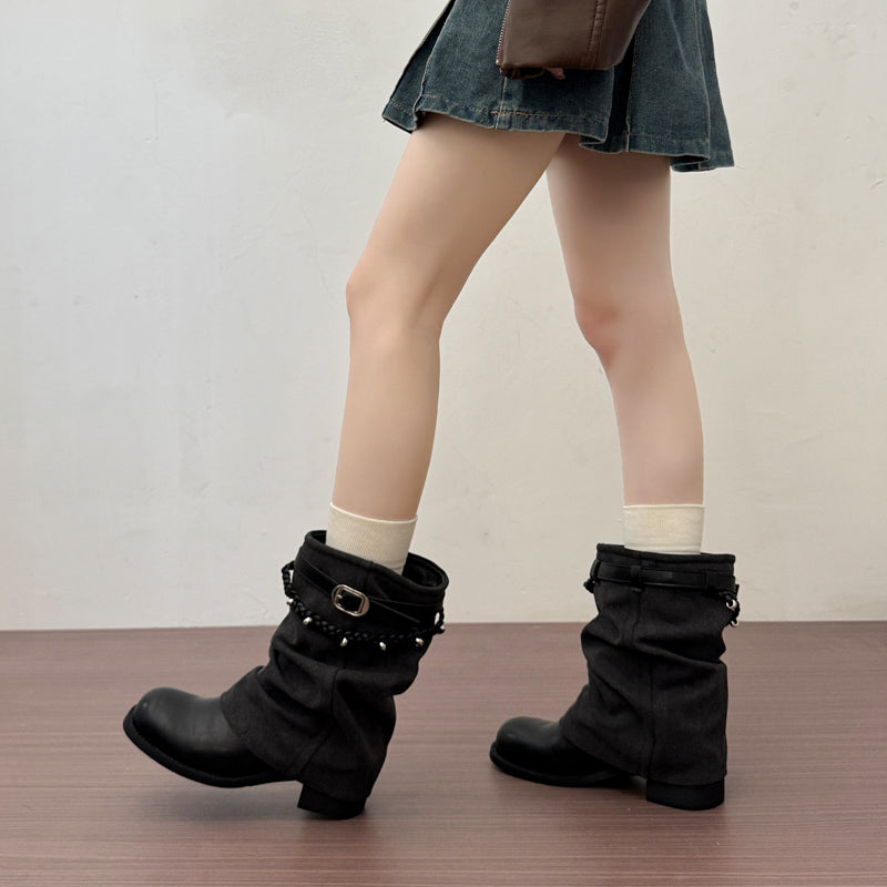 Style Vintage Block Talon plissé Pantalons Tube Bottes Femmes Automne Arrivée Trendy Fashion Boo