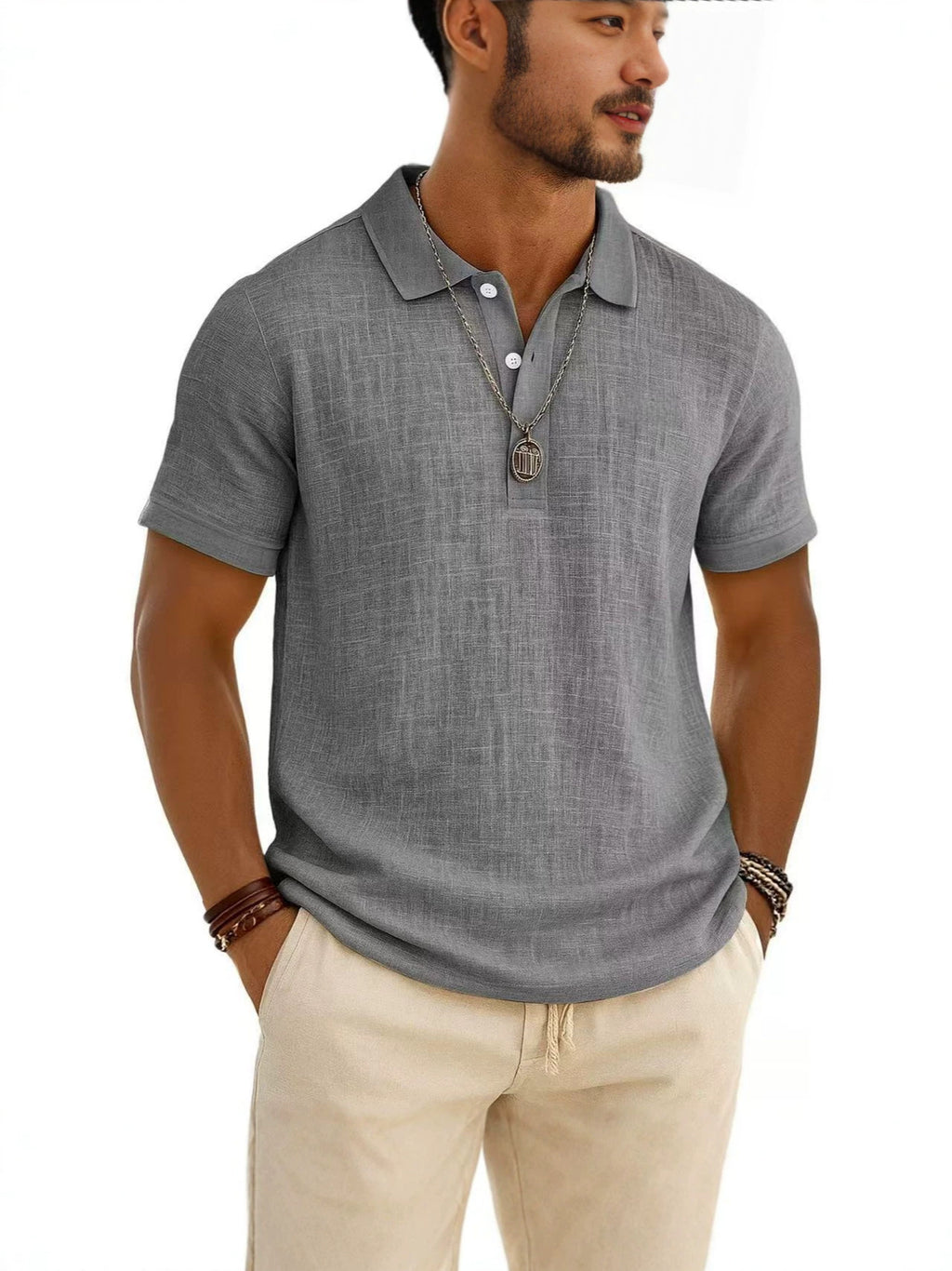 Trendy Men's Casual Solid-color Summer Bamboo-ribbed Coton Polo manches courtes Chemise Homme