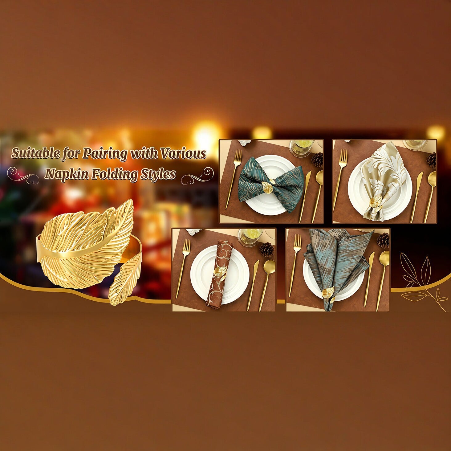 Ensemble de table d'hôtel Golden Leaf Metal Napkin Ring