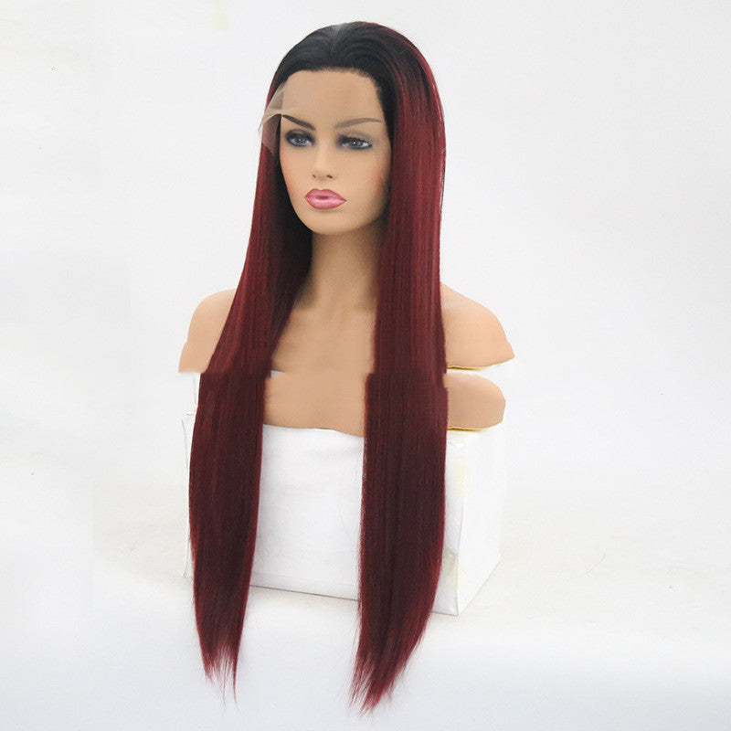 Burgundy Trellis avec tête en fibre chimique longue droite cheveux