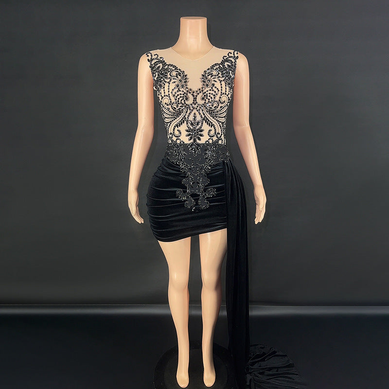 Robe de soirée de luxe d'été Femme Singer Costume de scène Robe senior Jupe latérale Trailing