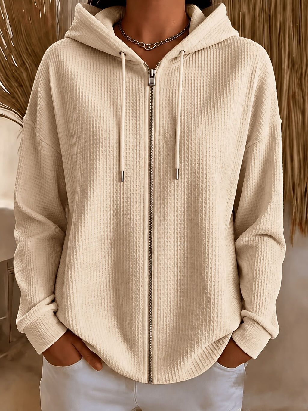 Femmes surdimensionné Waffle Knit Full Zip Veste à capuche