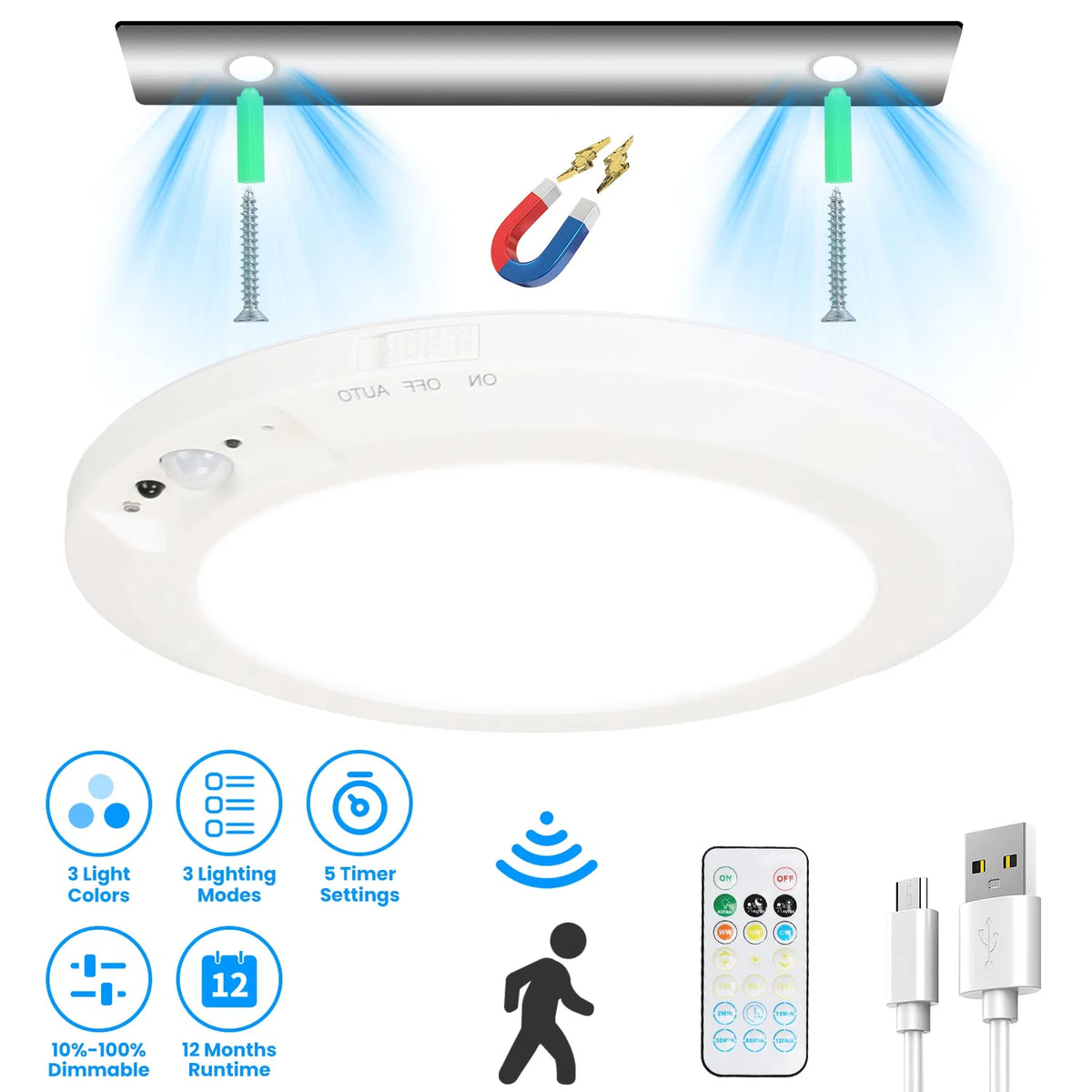 Lumière de plafond rechargeable USB magnétique avec capteur de mouvement PIR