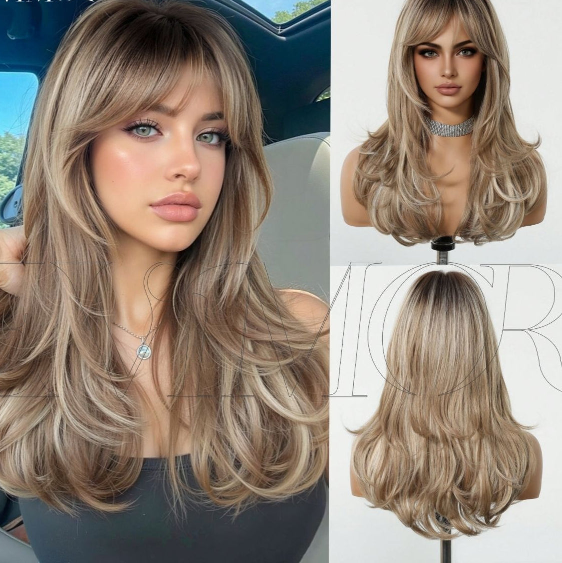Simulation de bangs naturels à huit caractères Long Curly Wig Cap