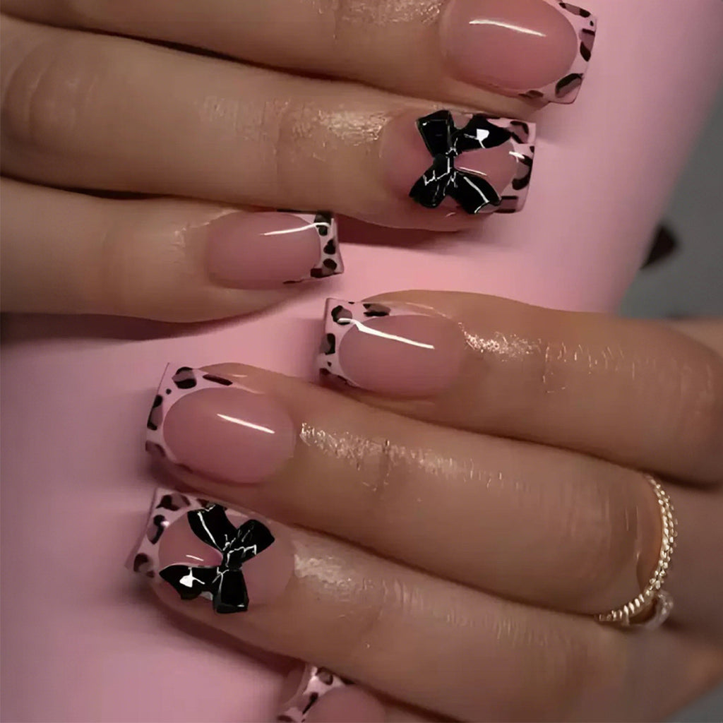 Portable courte Leopard-print Contraste couleur Bow Fake Nails Tip-style