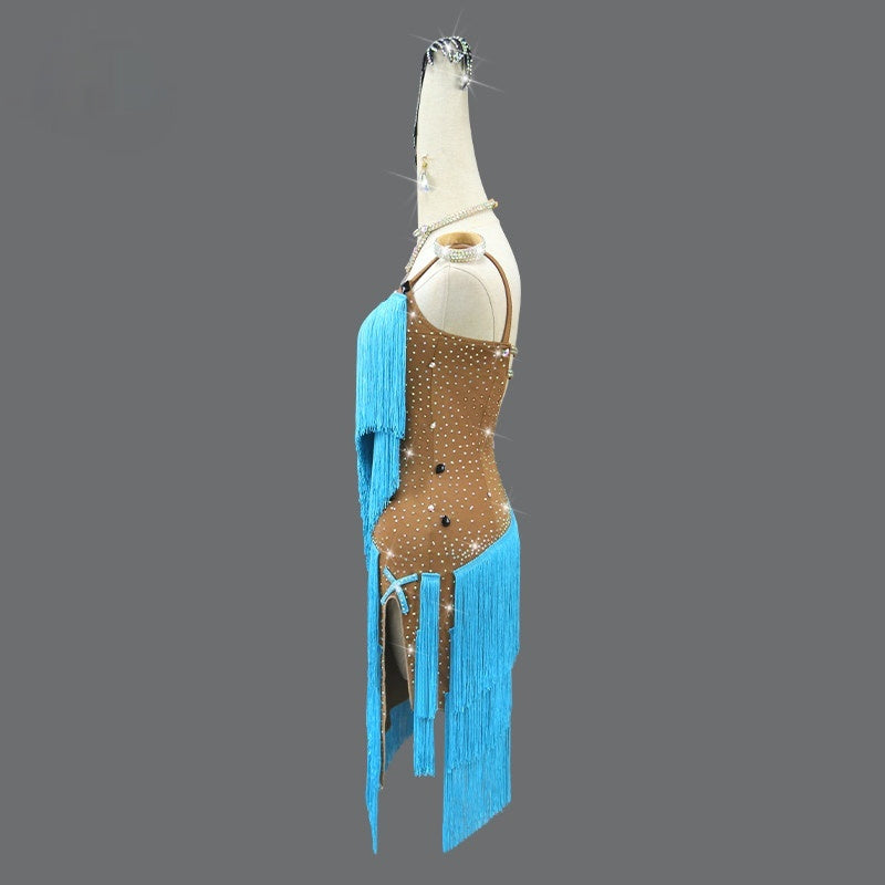 Robe fringée haut de gamme pour les concours professionnels de danse latine en bleu