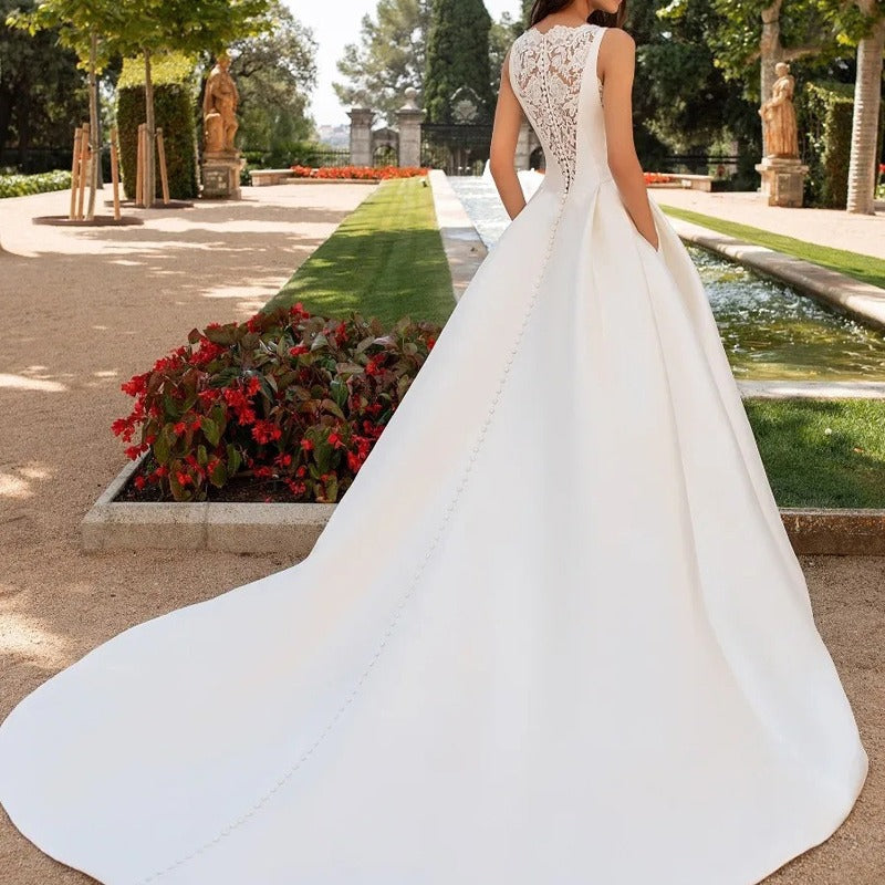 Française Retro Dentelle Texture avancée Satin Slim Mariée Simple Elégante robe de mariée Trailing