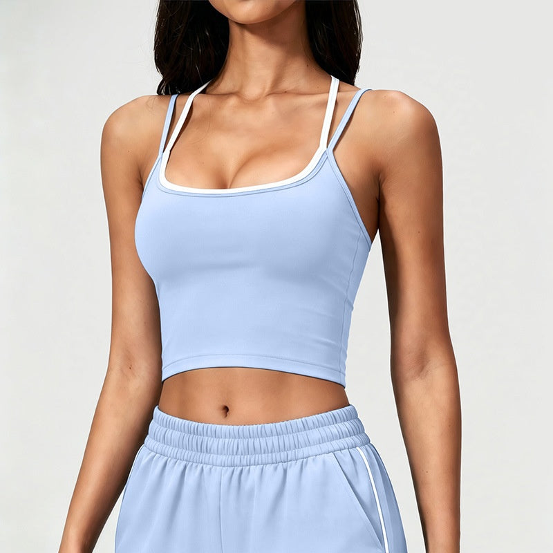 Color Block Sports Bra Halterneck Two Piece Faux Tank Top pour femmes