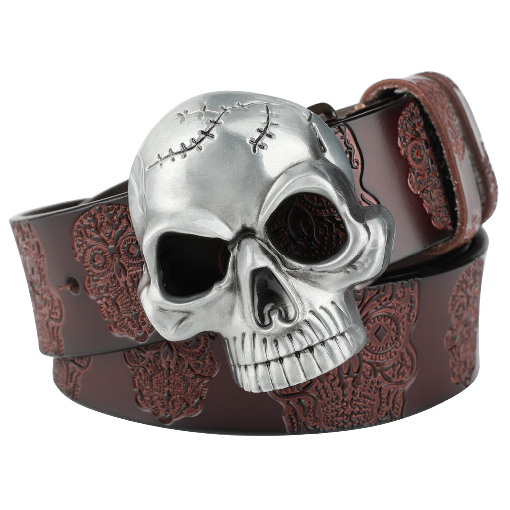 Ceinture en cuir avec tête de fantôme embossée et boucle de crâne lisse