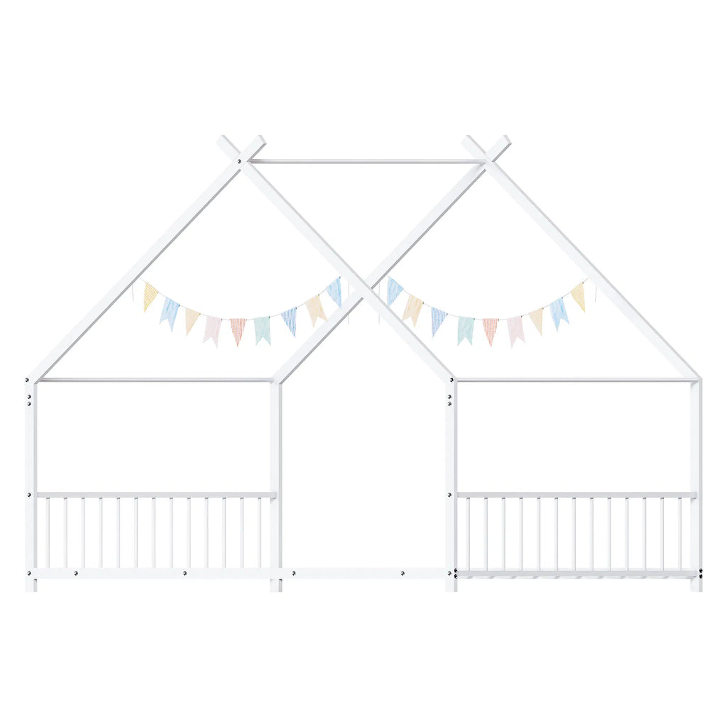 Maison de lit plat blanc en forme avec garde-corps latéraux Lit de fer pour enfants jumeaux