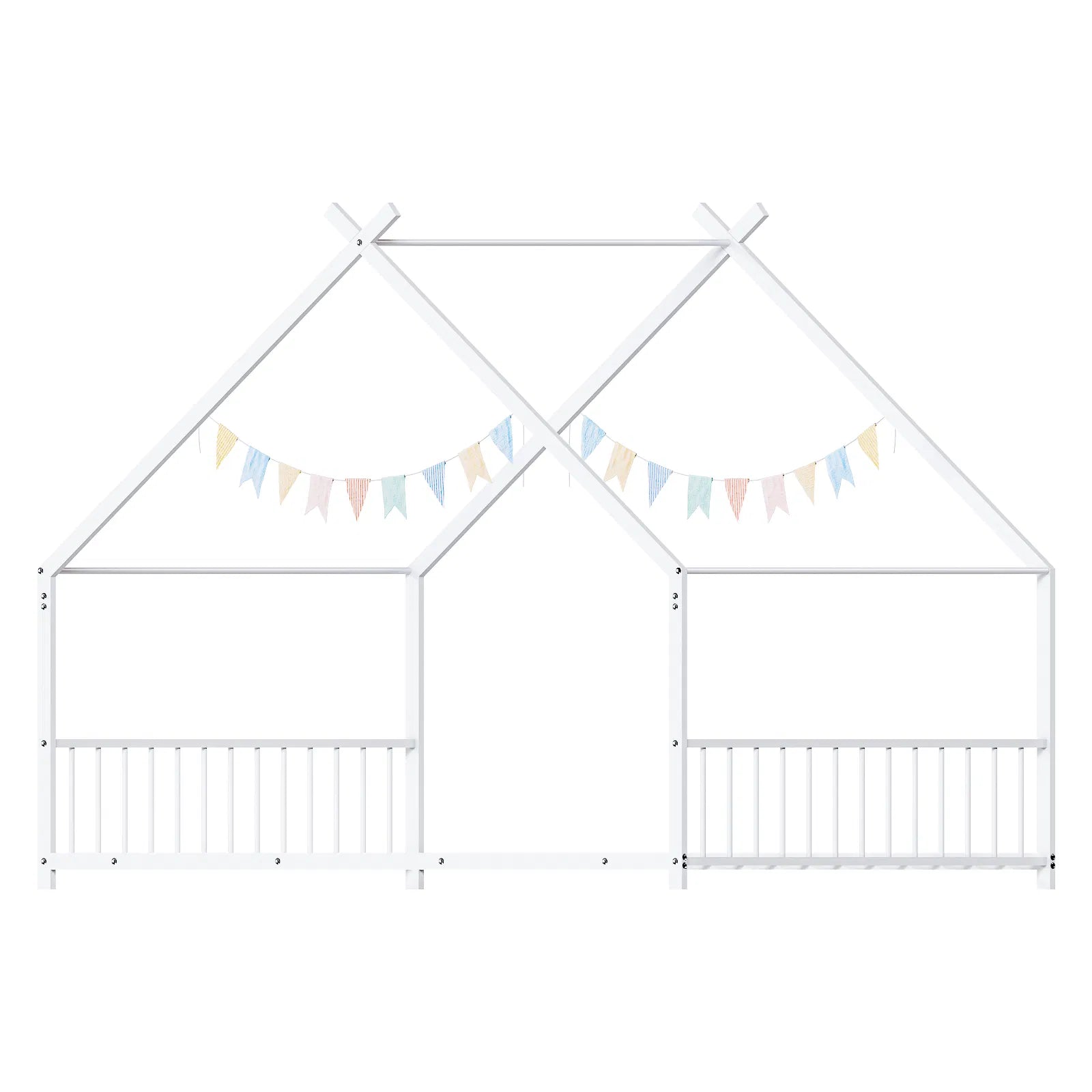 Maison de lit plat blanc en forme avec garde-corps latéraux Lit de fer pour enfants jumeaux