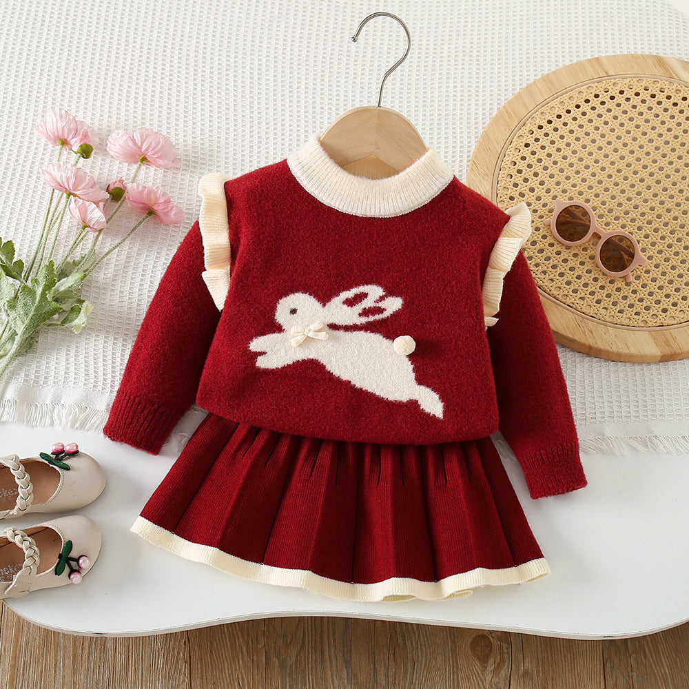 Filles Pull-over tricoté haut et jupe ensemble deux pièces