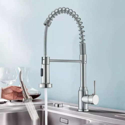 Robinet de cuisine à coupe unique en argent avec tête pulvérisée