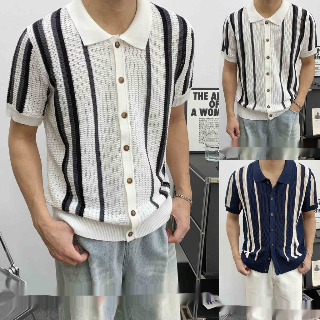 T-shirt de style préppy à rayures à col laque pour hommes