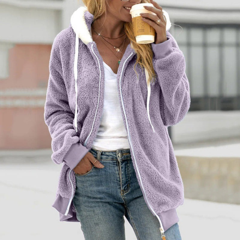 Amazon Vente Automne et Hiver Étui en peluche Zipper Veste à capuche pour femmes