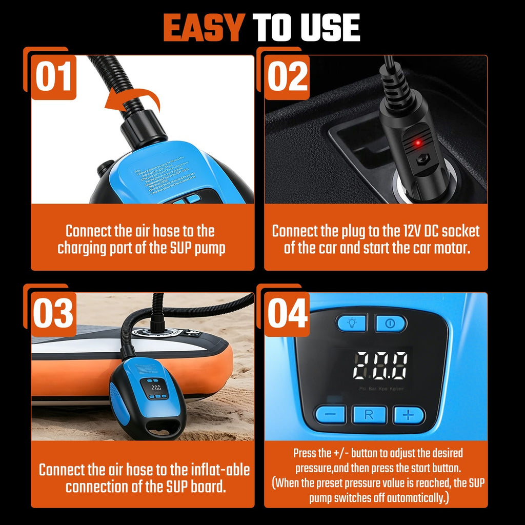 12V SUP Pompe à air électrique 20PSI Max LCD numérique pour Paddle Board Bateau gonflable