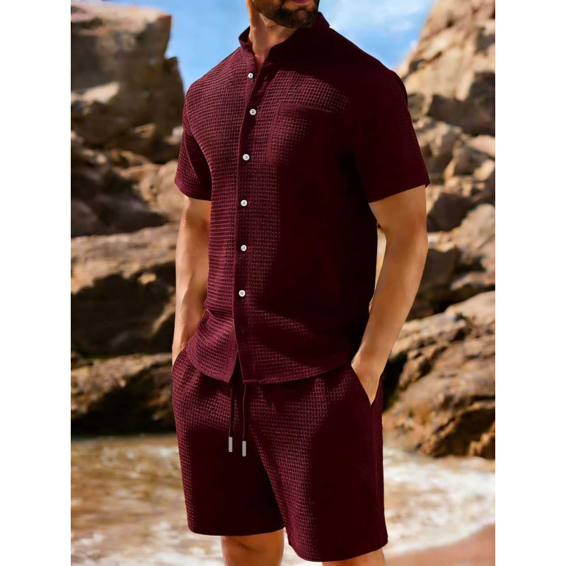 Lapel à manches courtes à boutons jacquard de couleur unie Ensemble casual sport