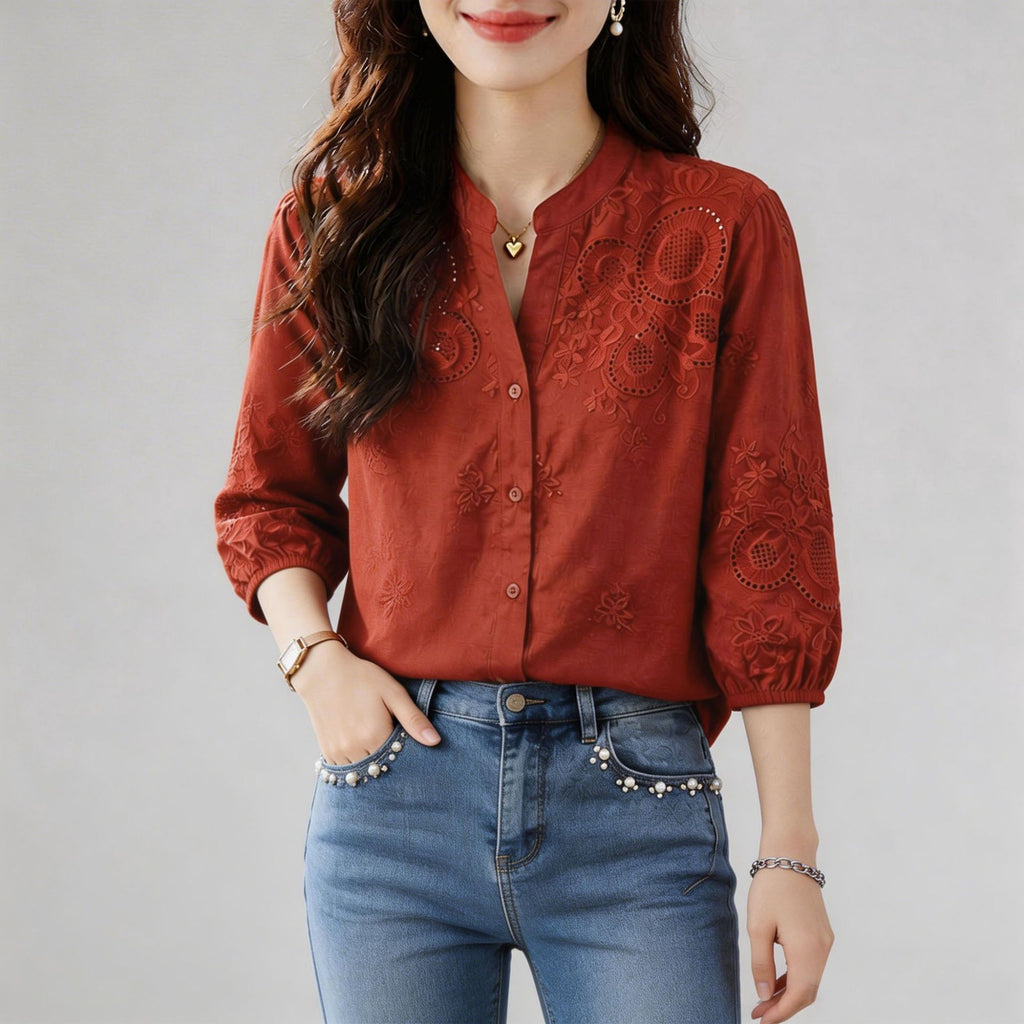 Blouse blanche à col V Manches à trois quarts Arrivée Coton pur