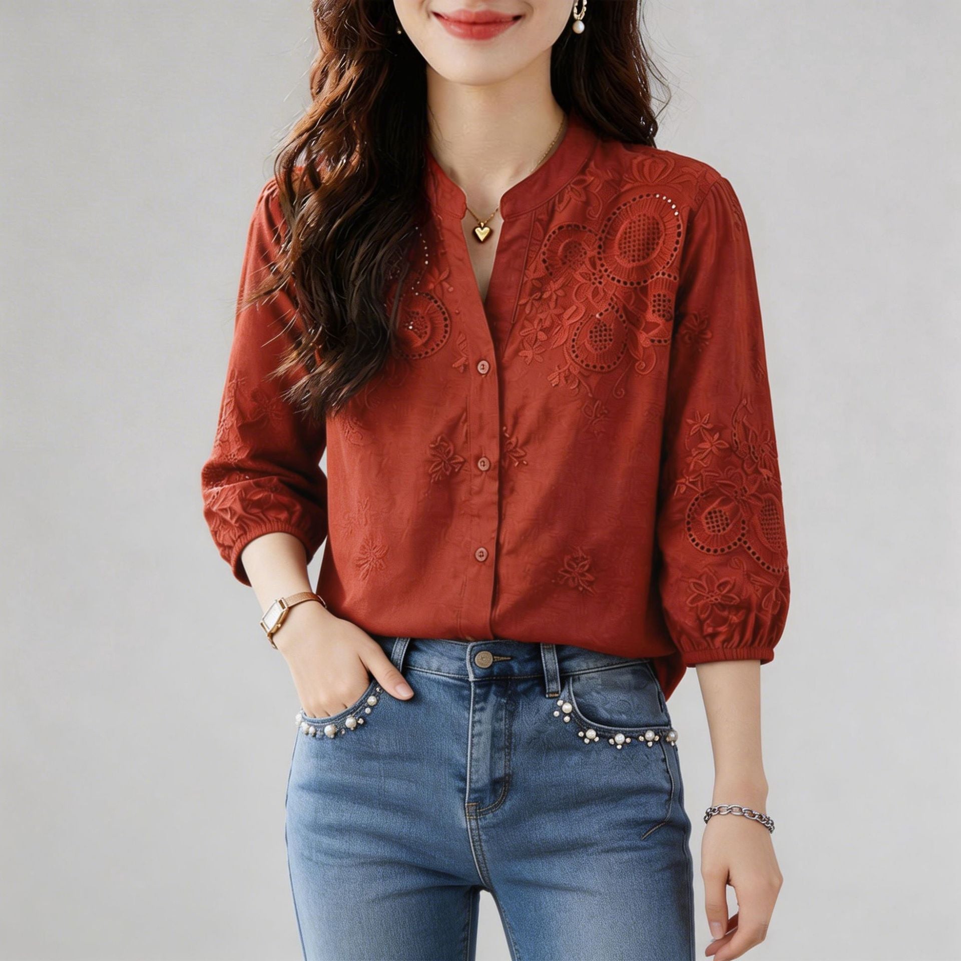 Blouse blanche à col V Manches à trois quarts Arrivée Coton pur