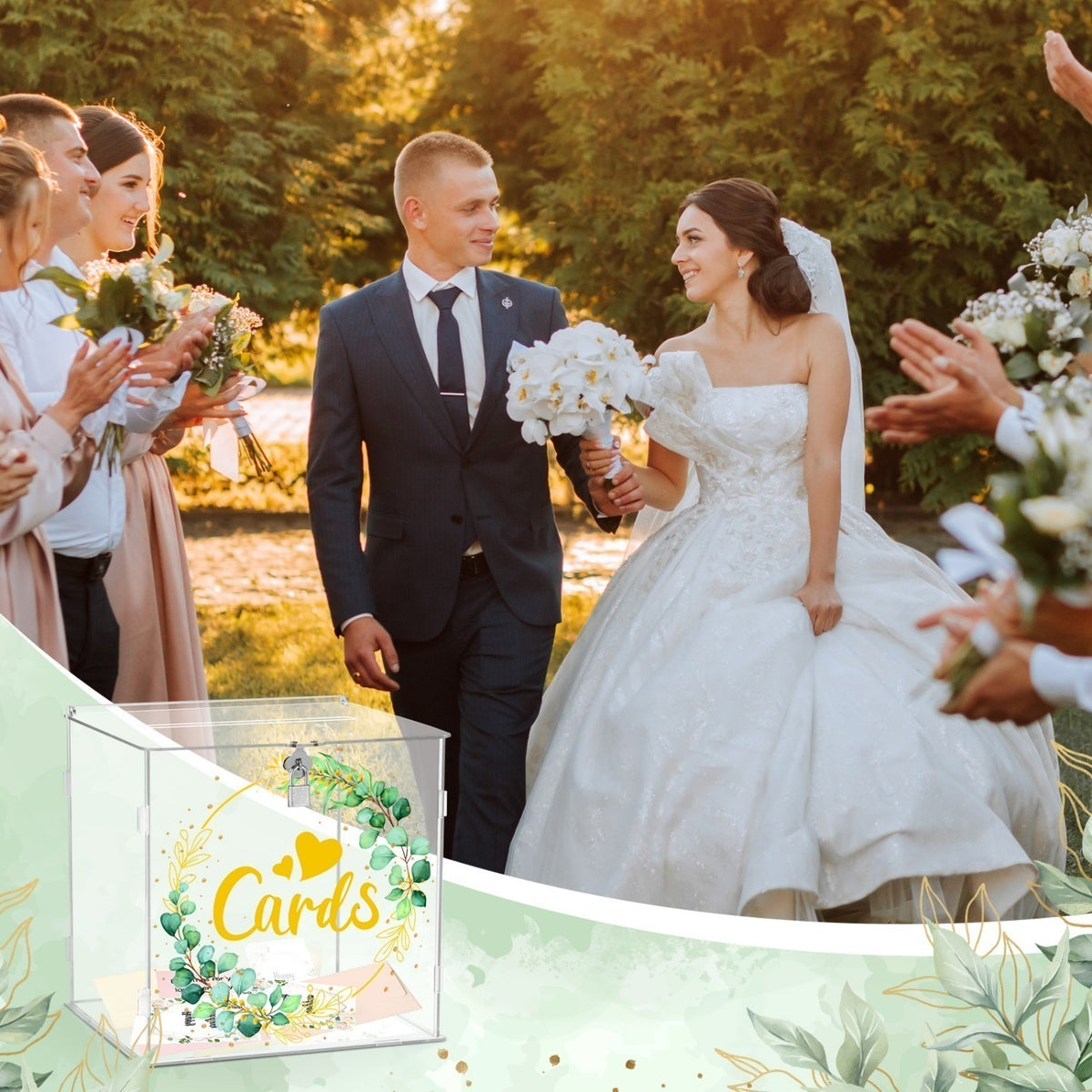 Boîte à cartes acrylique de mariage avec le design de feuille – Boîte à cartes transparente pour cadeaux en espèces A