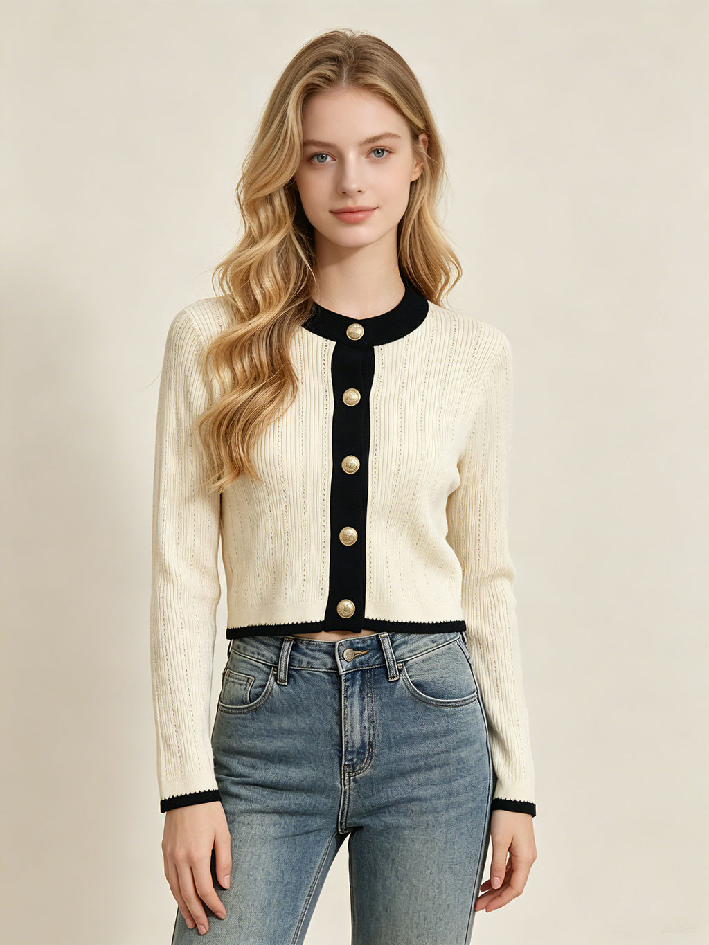 Source usine printemps et automne couleur de verrouillage tricoté Cardigan Style Hollow Vertical Str