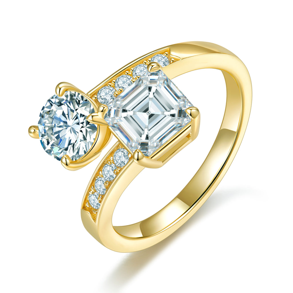 S925 Asscher plaqué or argent 7x7mm & ronde 6,5mm Toi Et Moi Anneau D Couleur VVS1 US Taille 5