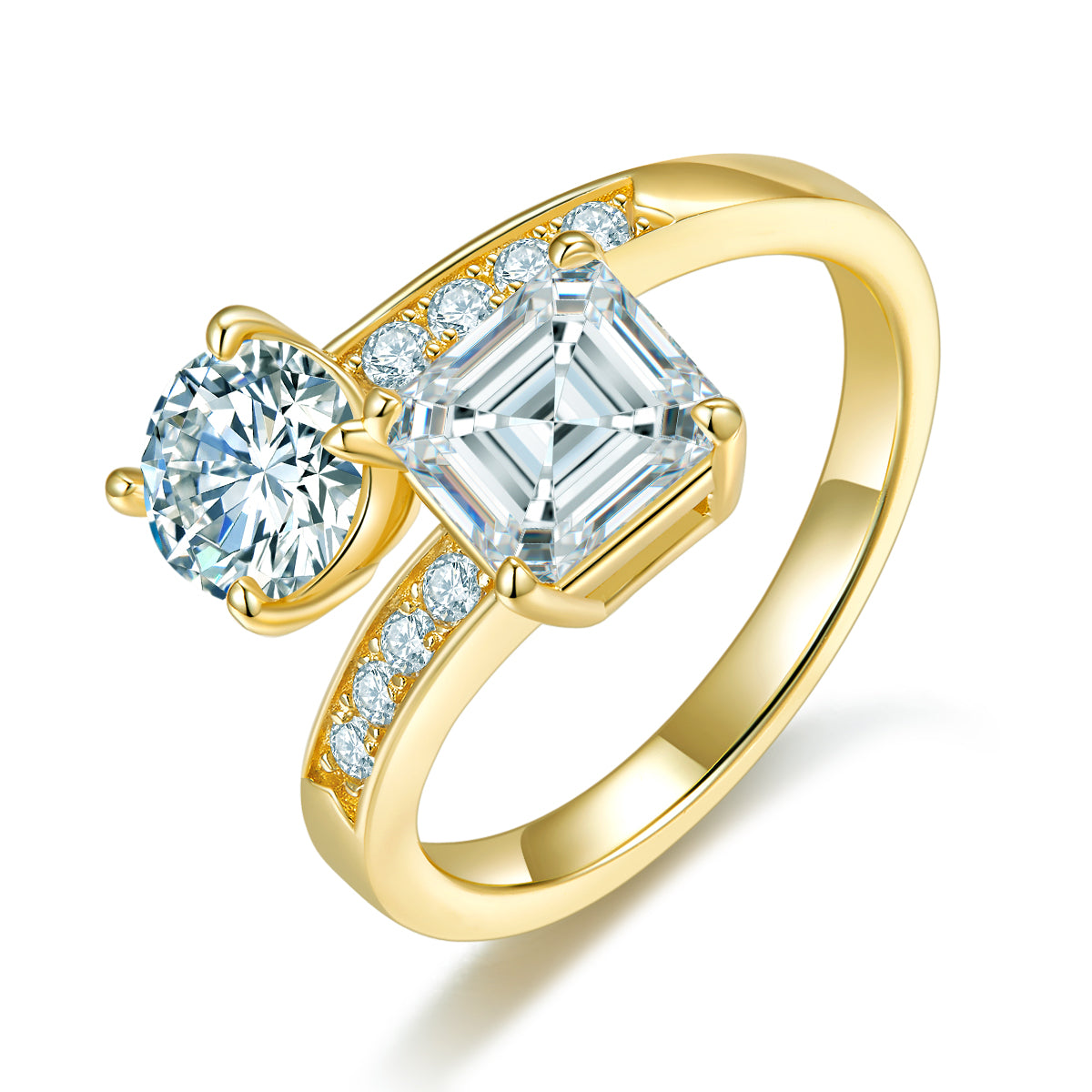 S925 Asscher plaqué or argent 7x7mm & ronde 6,5mm Toi Et Moi Anneau D Couleur VVS1 US Taille 5