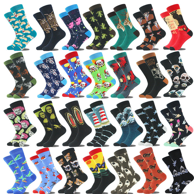 Peinture à l'huile rétro cartoon animal homme Chaussettes mi-calf