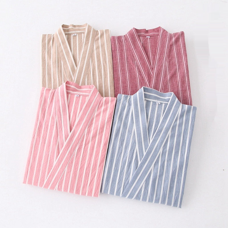 Coton Lavé Pyjama costume mince rayé hommes et femmes japonais couple Kimono pantalons