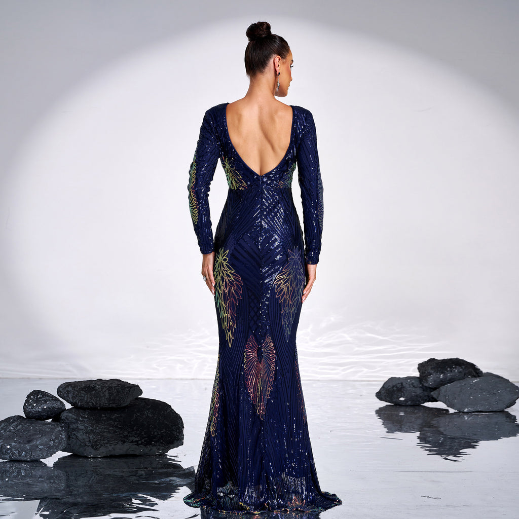 Manches longues Temperament Col d'équipage Sexy Long Sequined Banquet Robe de soirée