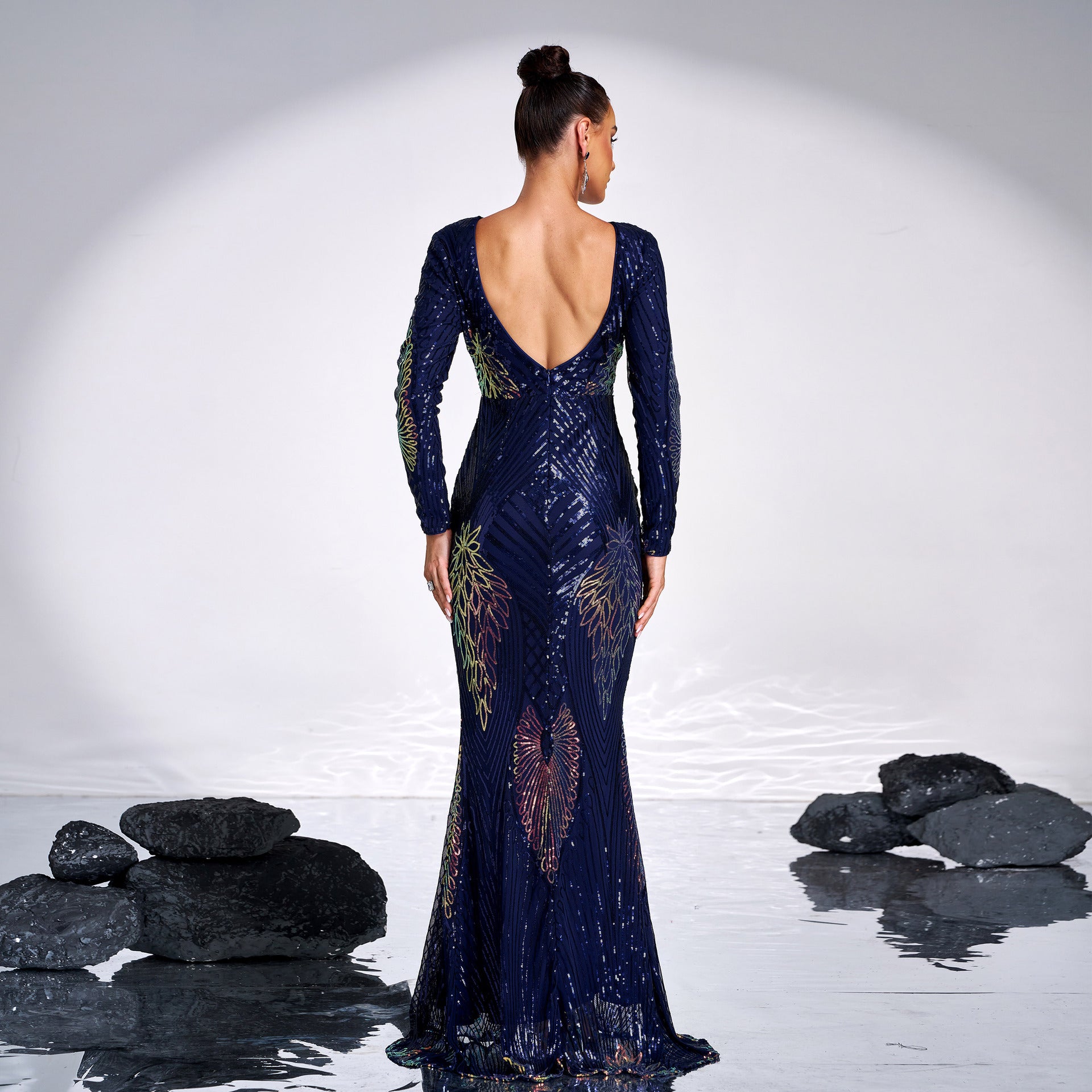 Manches longues Temperament Col d'équipage Sexy Long Sequined Banquet Robe de soirée
