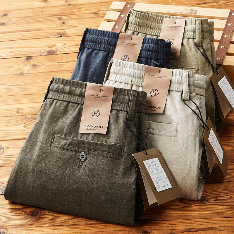 Pantalons à cordons élastiques en lin pour hommes