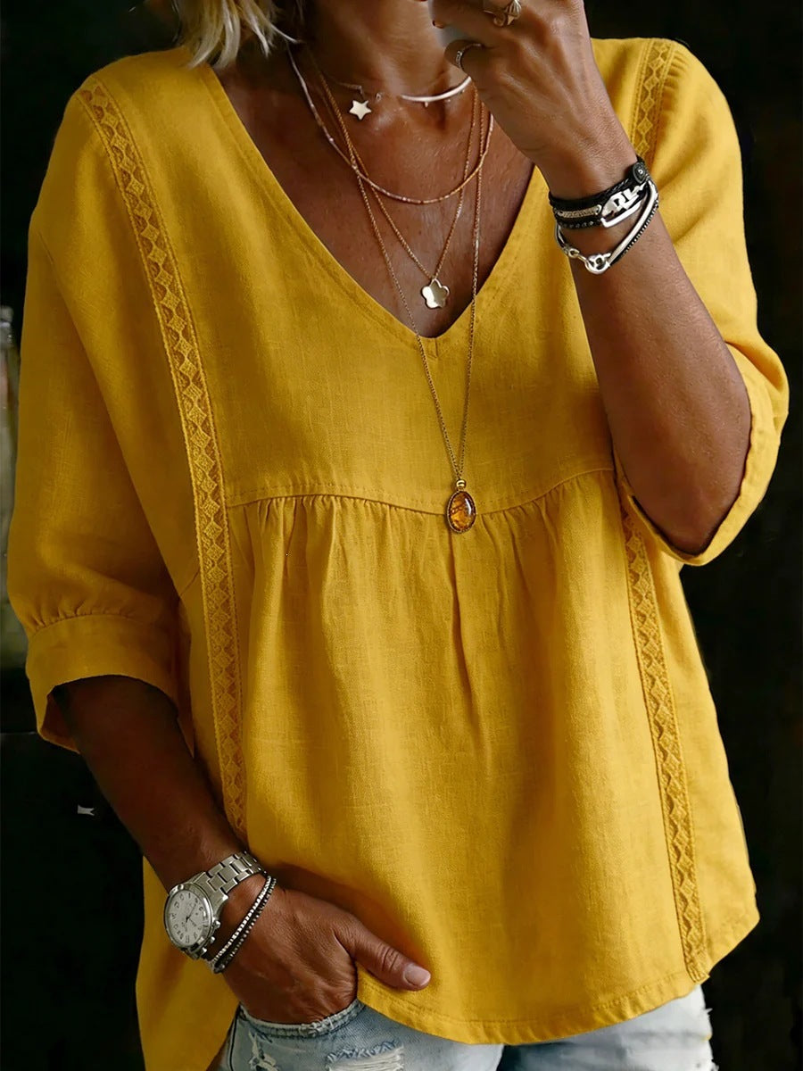 Femmes Dentelle en col V Pullover Blouse de couleur unie