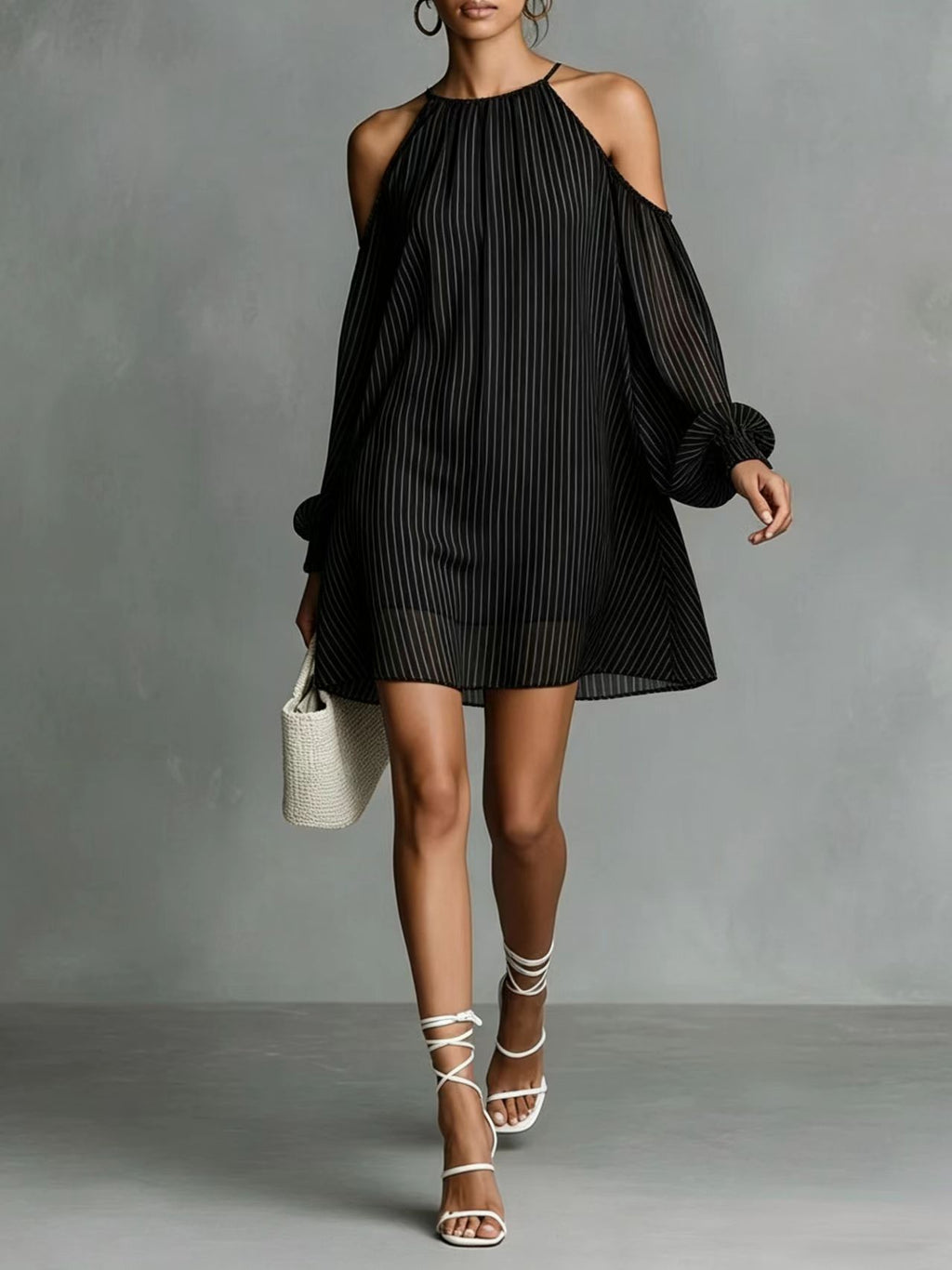 Robe courte à manches longues rayée pour femmes