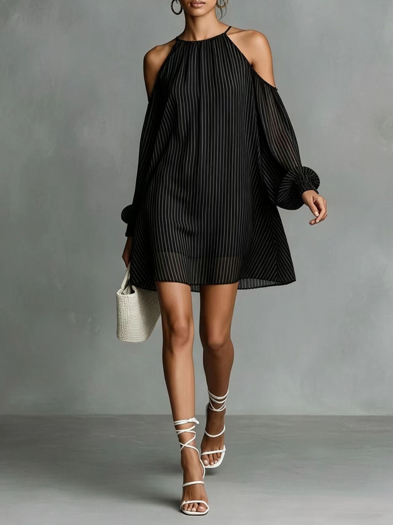 Robe courte à manches longues rayée pour femmes