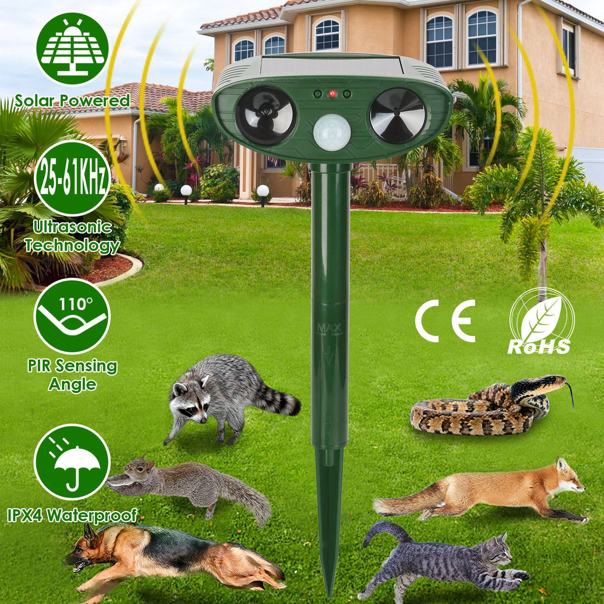 1Pc Solar Ultrasonic Animal Repeller PIR Motion Sensor Animal Repellent Chaser IPX4 Eaup