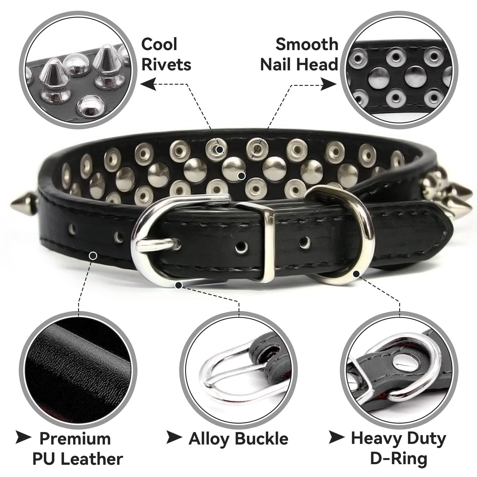 Petit collier de chat de chien noir Spiked pour petits chiens moyens Garçon Homme - pupp réglable