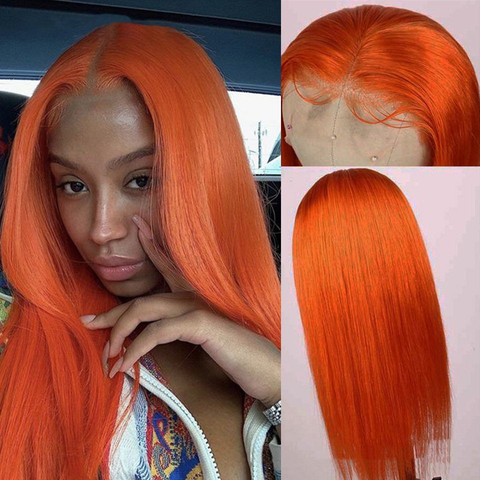 Perruque sans fil de fibre chimique longue droite orange Split