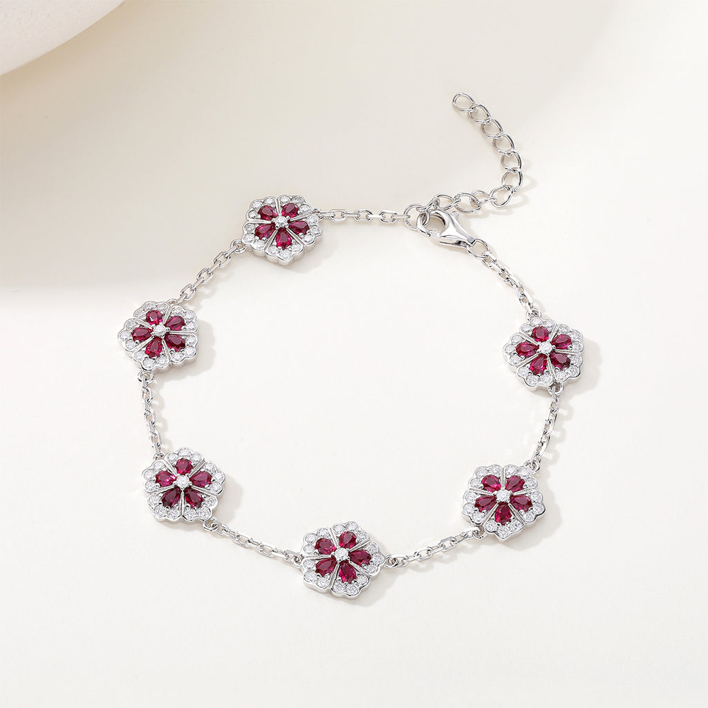 S925 Argent Sterling Rouge Lab-Grown Bracelet de fleur de pierres précieuses 16cm Platinum plaqué avec D Co