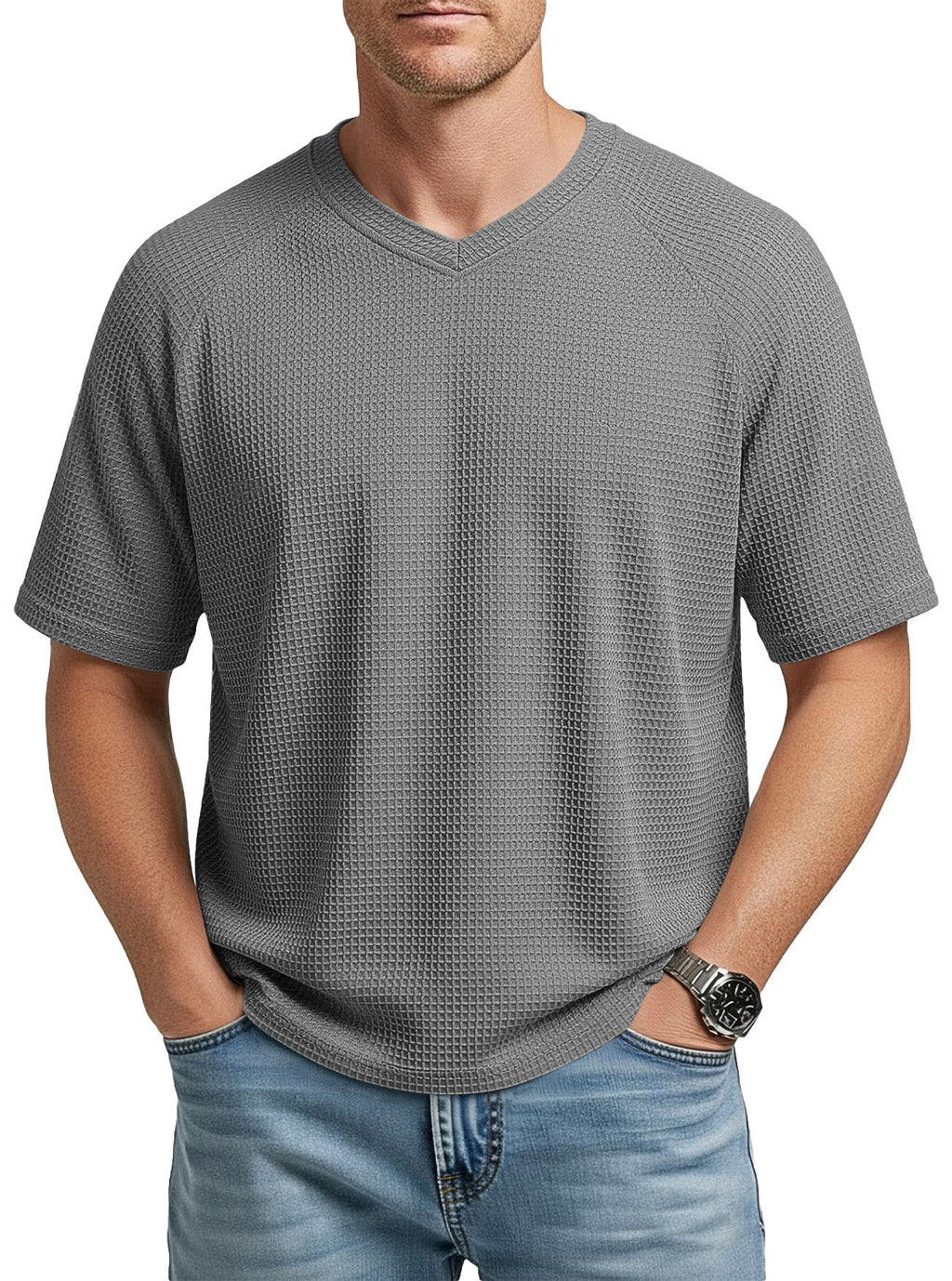 T-Shirt en tricot à manches courtes Raglan col V pour hommes